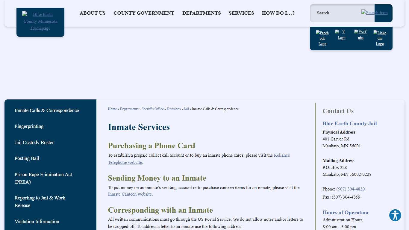 Inmate Services | Blue Earth County, MN - Official Website